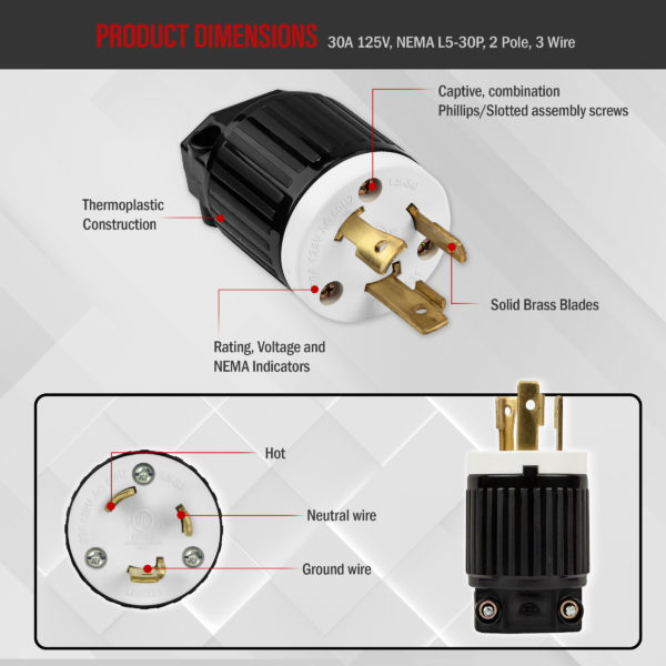 NEMA L5-30P Locking Plug, 30A/125V | TOPGREENER  L5 30 Plug Wiring Diagram    TOPGREENER