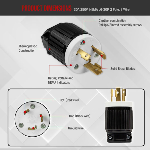 NEMA L6-30P 30A 250V 3-Prong Locking Male Plug with UL, C-UL Approval
