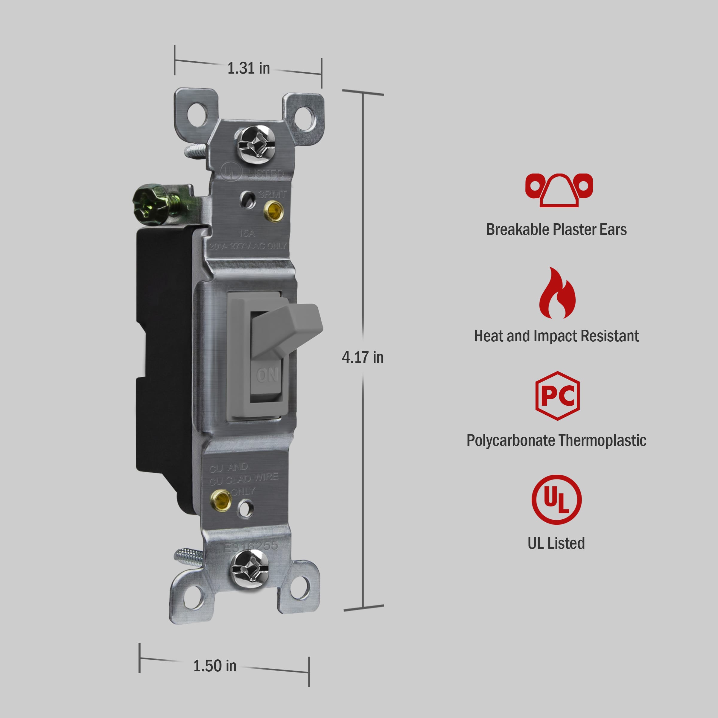 Single Pole Toggle Light Switch, 15A/120-277V - Gray