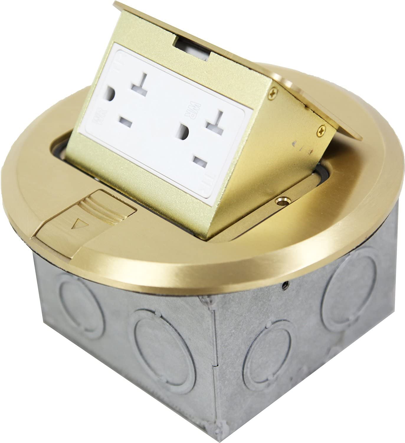 1-Gang 6" Round Pop-Up Floor Box with 20A TR Receptacle - Brass