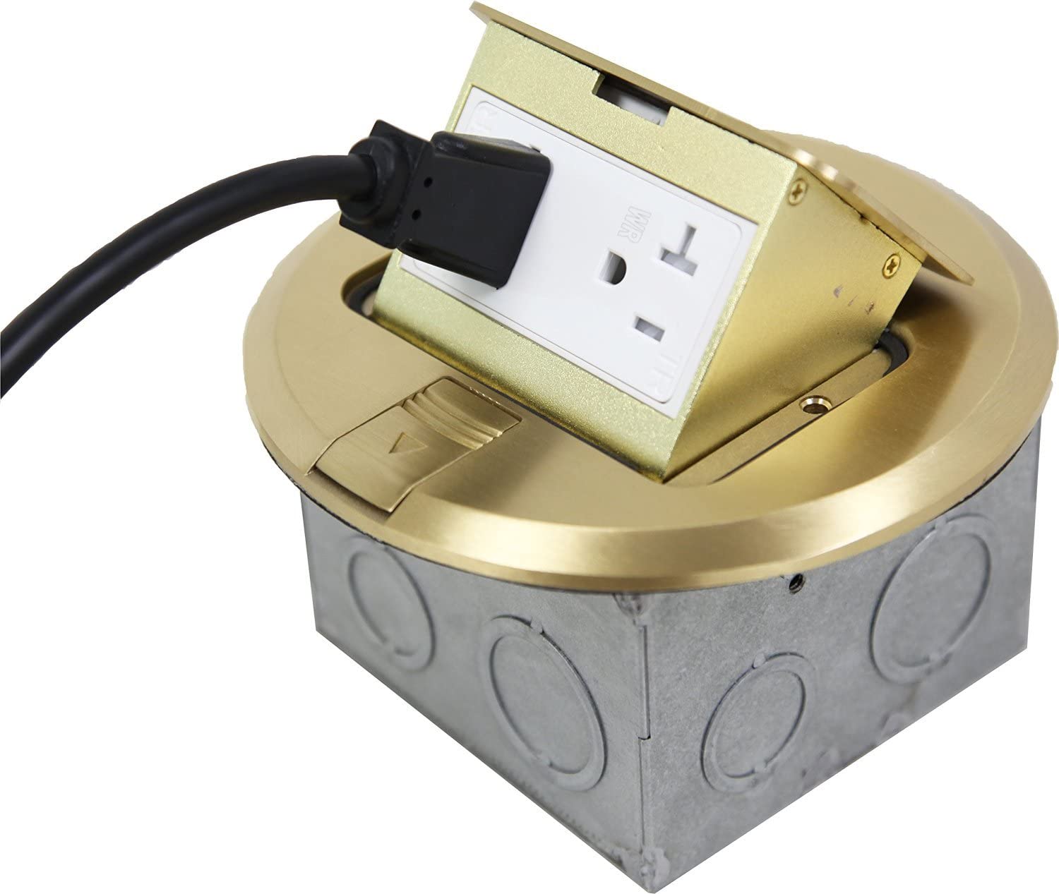 1-Gang 6" Round Pop-Up Floor Box with 20A TR Receptacle - Brass