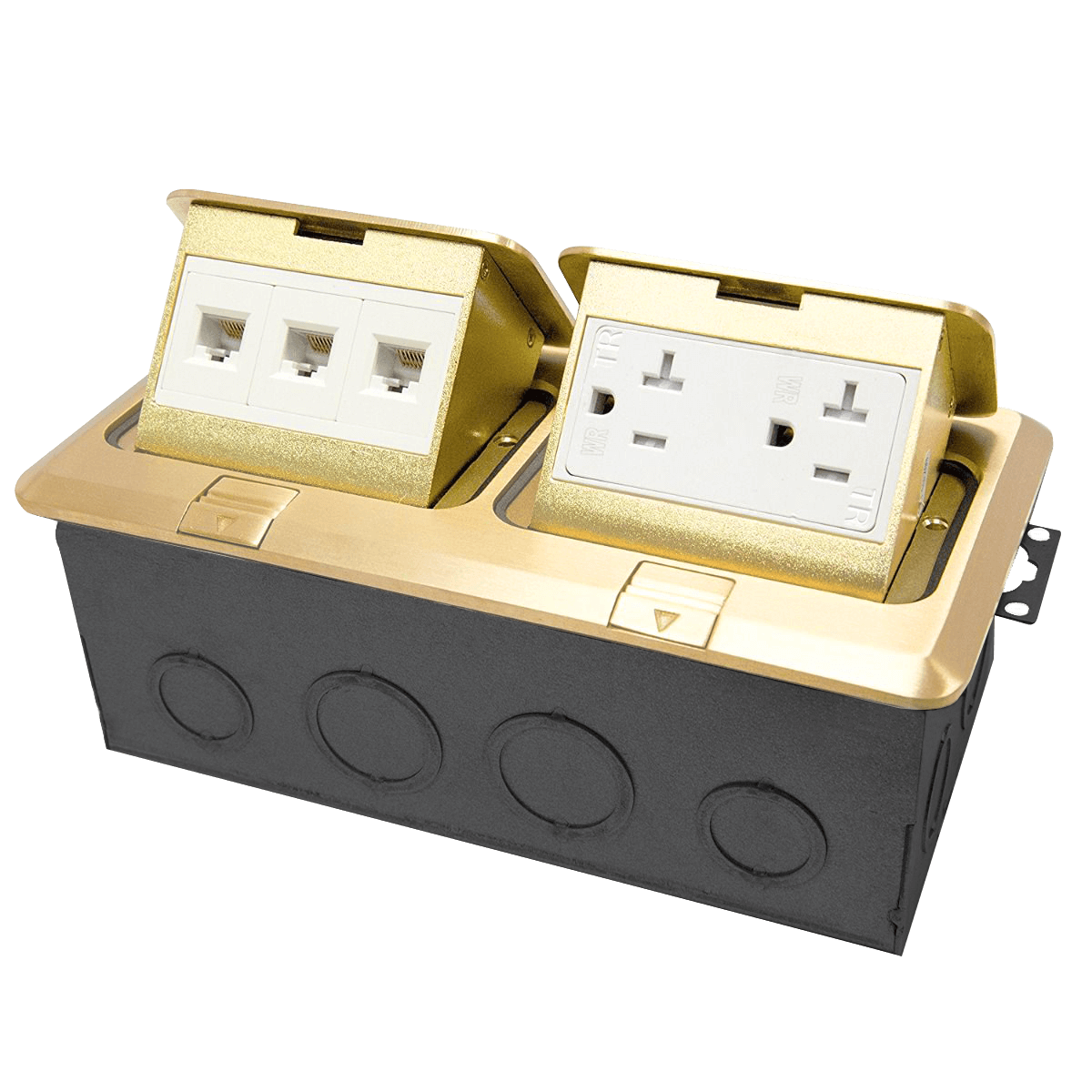 2-Gang Rectangle Pop-Up Floor Box with 20A TR Receptacles and Data Ports