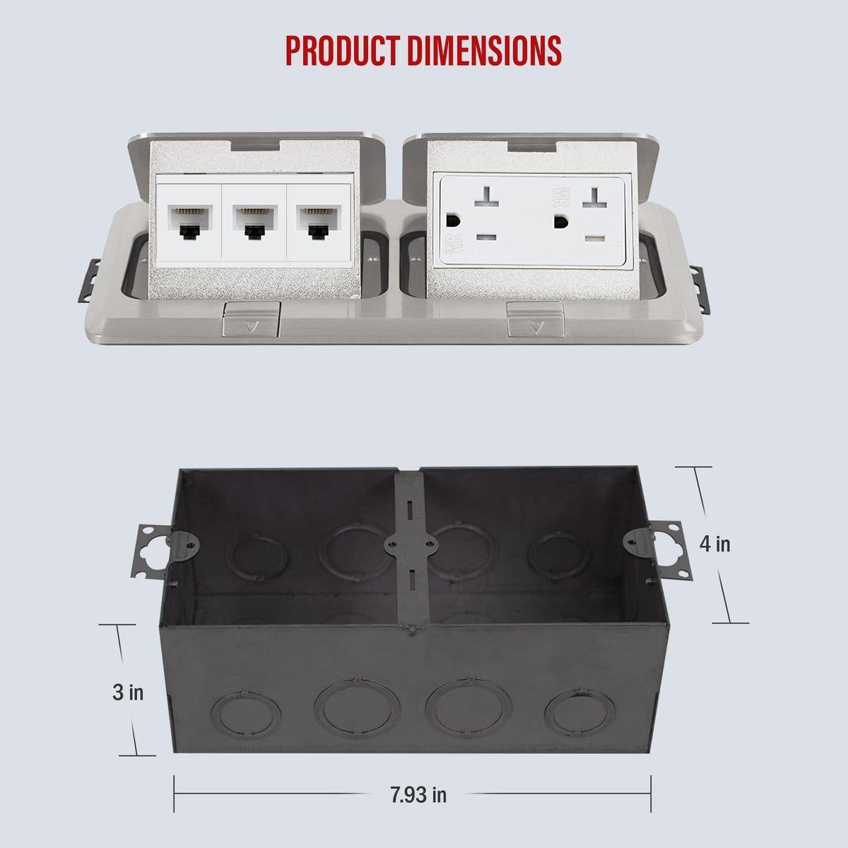 2-Gang Rectangle Pop-Up Floor Box with 20A TR Receptacles and Data Ports