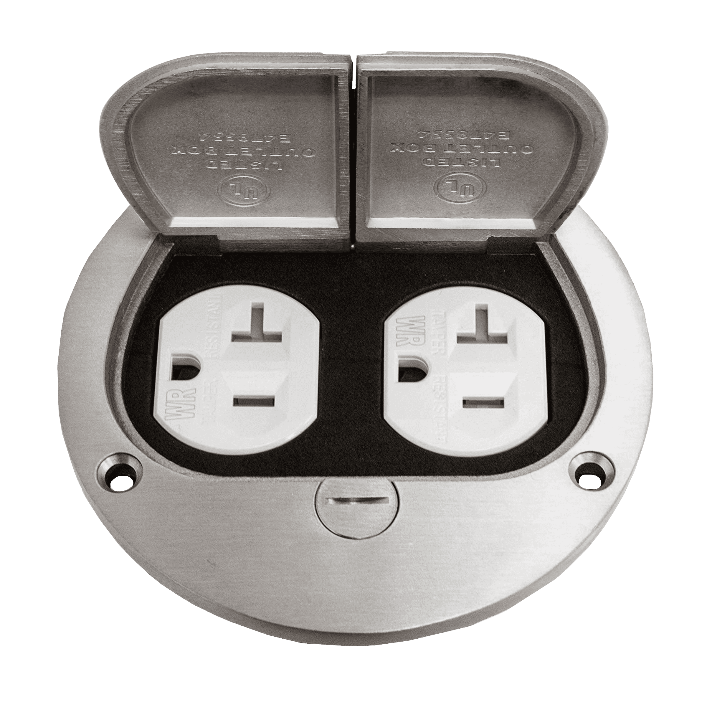 1-Gang 4" Round Dual Flip Lid Floor Box Cover with 20A TR Duplex Receptacle