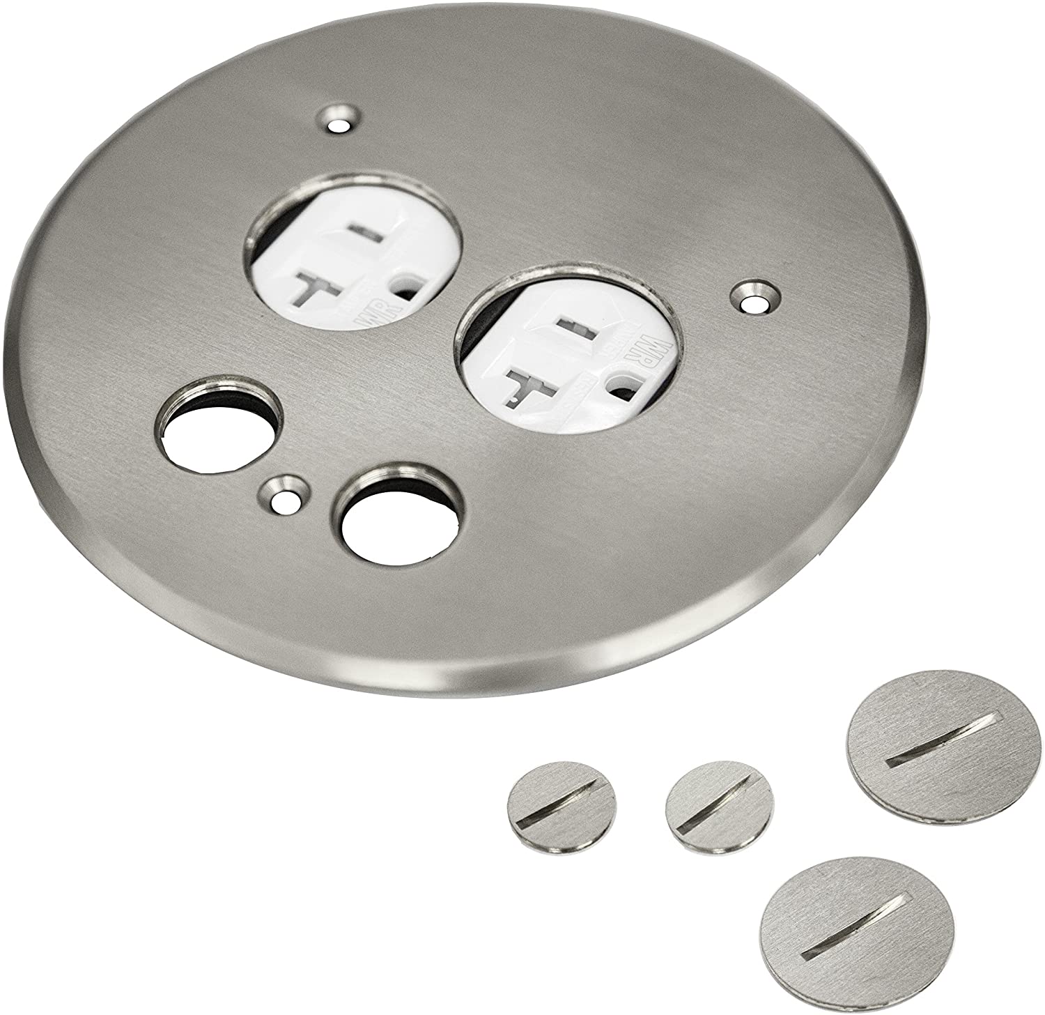 2-Gang ROUND Floor Box Assembly Kit w/ Nickel Flip Cover 15A TR Duplex Outlets 