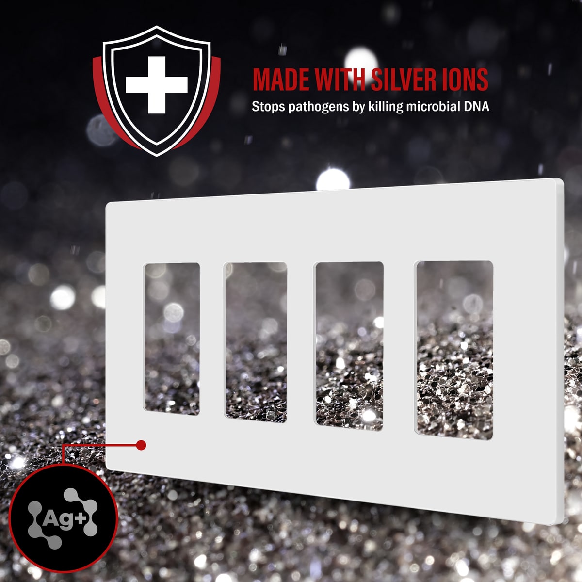 Antimicrobial Screwless Decorator Switch Cover, Antibacterial, Mid-Size 4-Gang 2 Antimicrobial Screwless Decorator Switch Cover, Antibacterial, Mid-Size 4-Gang