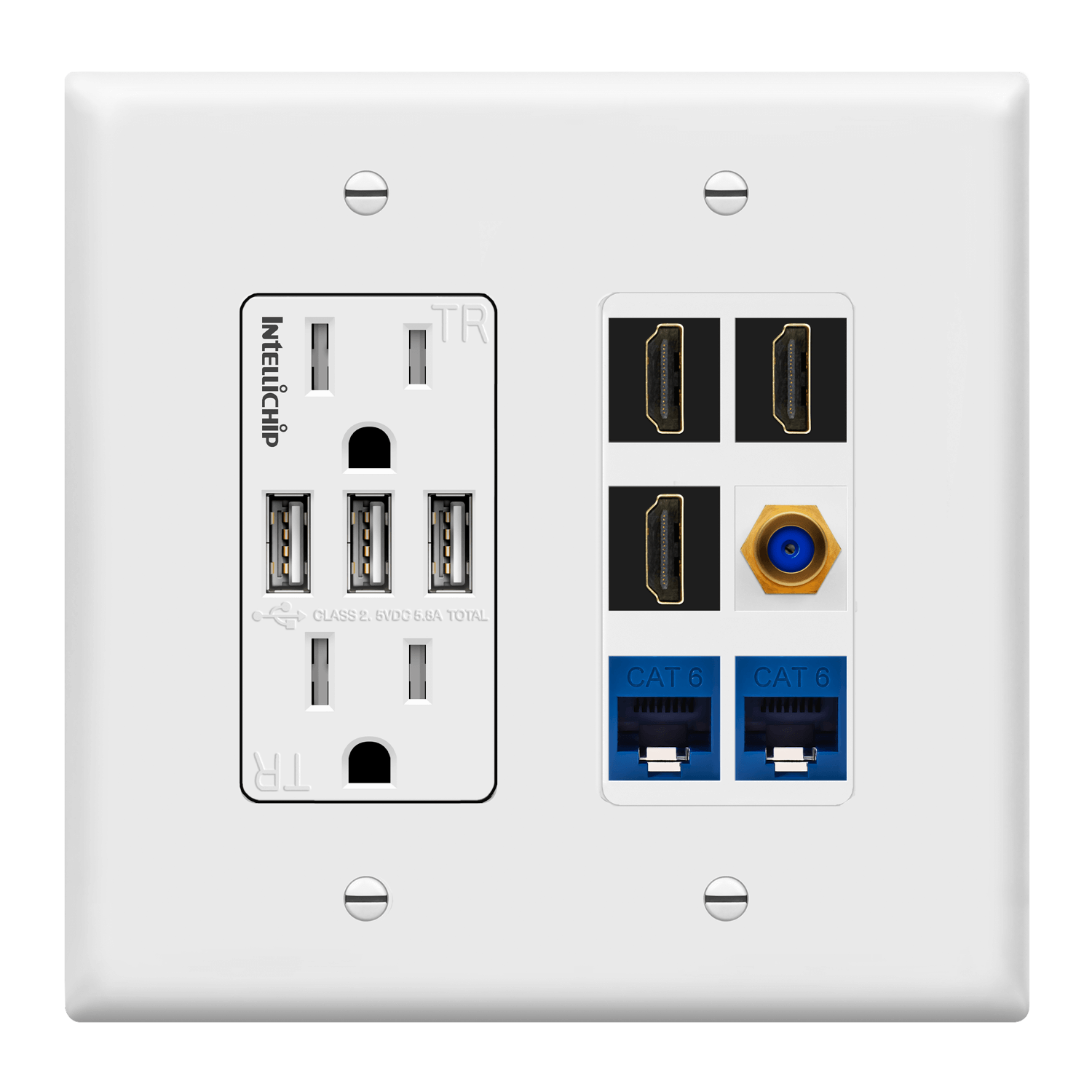 Double Gang Datacomm Bundle with 5.8A USB Wall Outlet, 6-Port Keystone Jack Insert