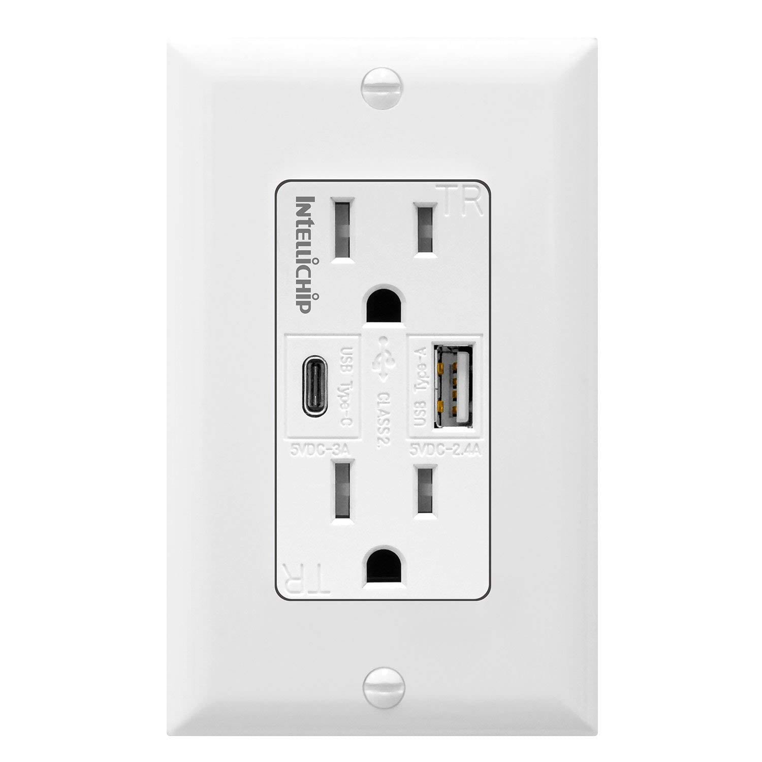 5.8A Dual USB Type-C and USB-A Charging Outlet, 15A/125V Tamper-Resistant