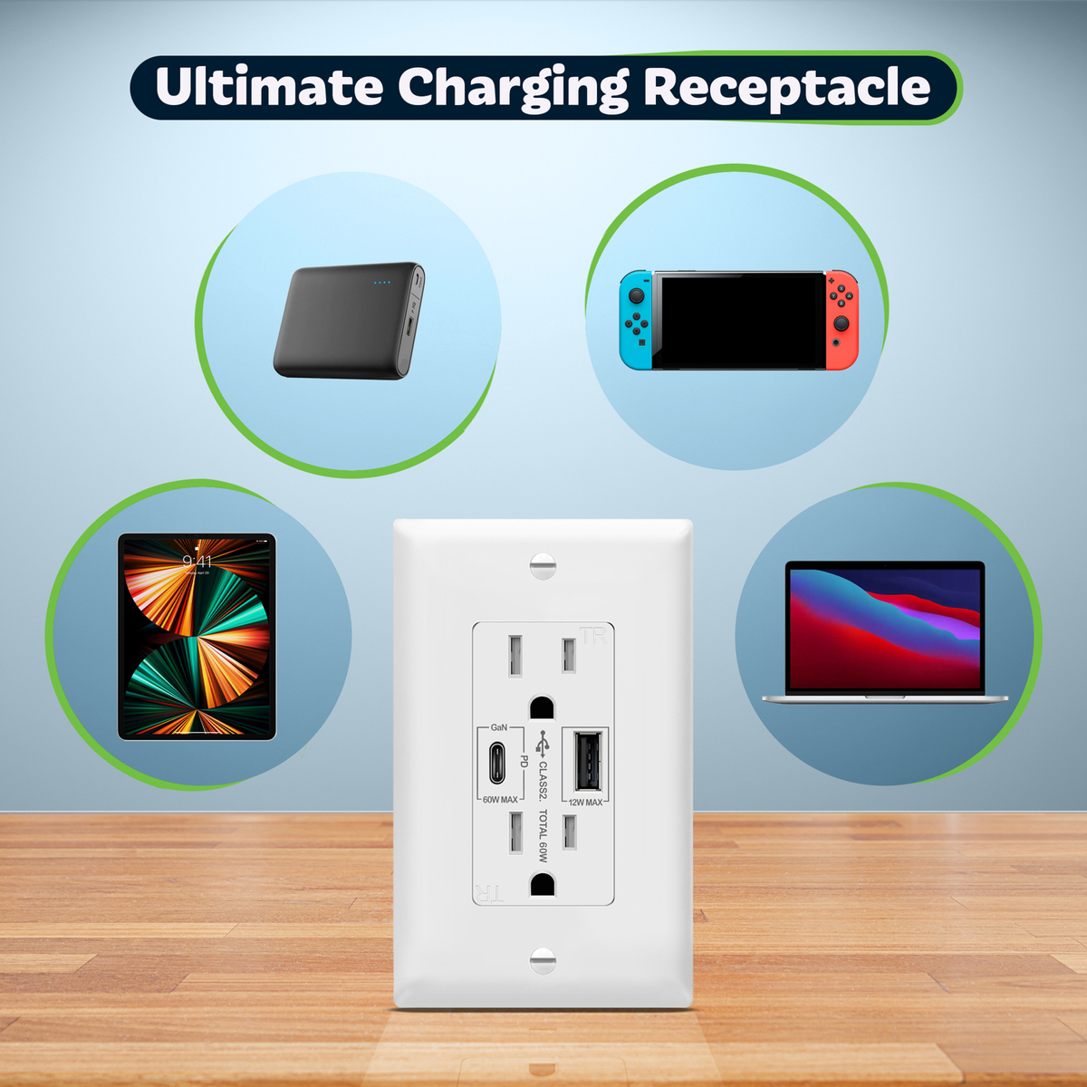 TOPGREENER GaN Technology Combination USB Type-C/A Wall Outlet with 15A Duplex Tamper-Resistant Receptacles